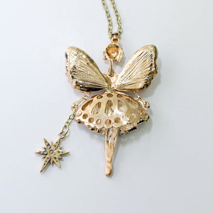 Gold Fairy Princess Ballerina Necklace with Wand Charm