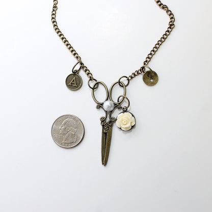 Vintage Scissors Necklace with Personalized Initial, Sewing Jewelry, Gift for Sewers, Steampunk Jewelry, Monogram jewelry
