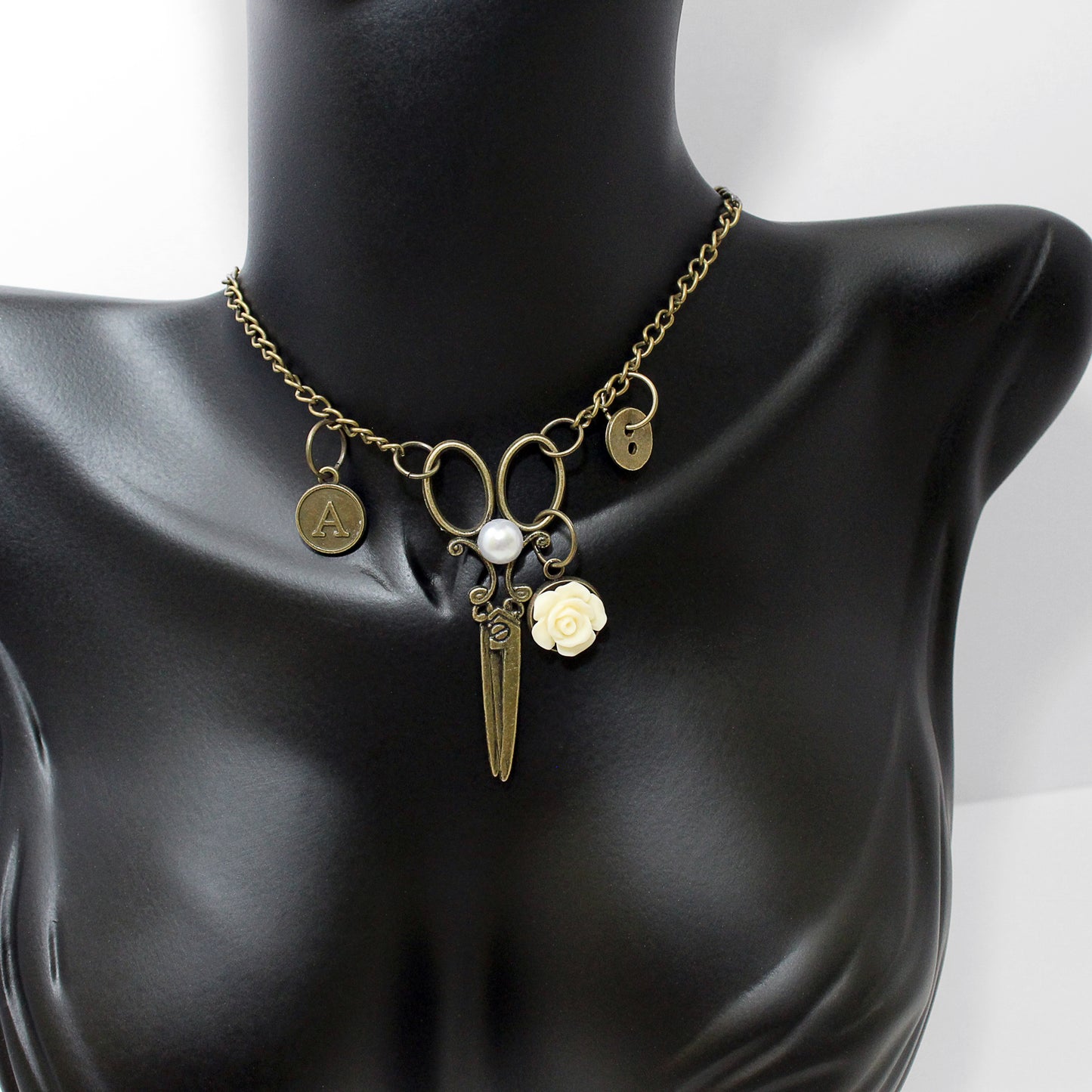 Vintage Scissors Necklace with Personalized Initial, Sewing Jewelry, Gift for Sewers, Steampunk Jewelry, Monogram jewelry