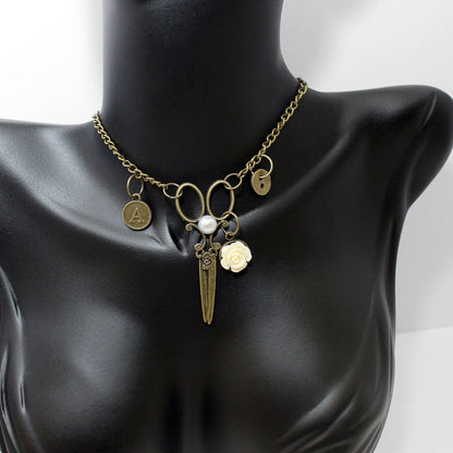 Vintage Scissors Necklace with Personalized Initial, Sewing Jewelry, Gift for Sewers, Steampunk Jewelry, Monogram jewelry