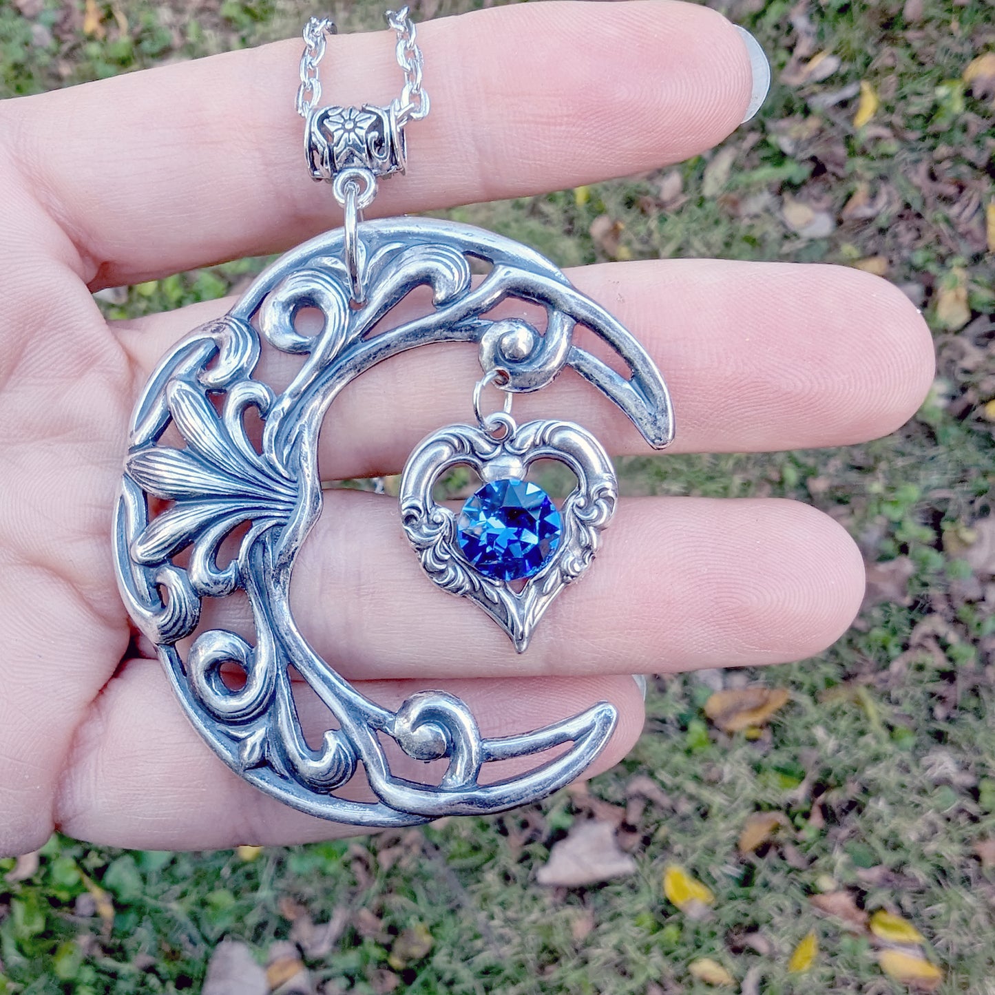 Large Vintage Sterling Silver Crescent Moon Statement Necklace with Sapphire Swarovski Crystal on Heart, Vintage Jewelry