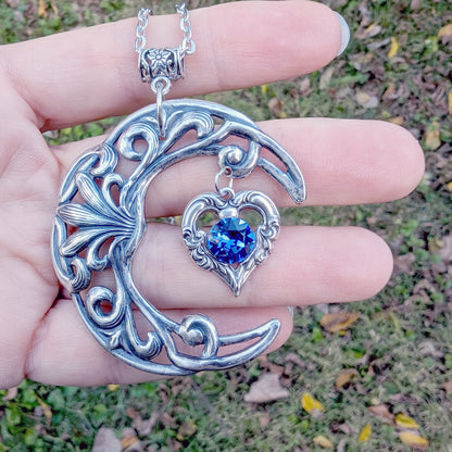 Large Vintage Sterling Silver Crescent Moon Statement Necklace with Sapphire Swarovski Crystal on Heart, Vintage Jewelry