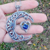 Large Vintage Sterling Silver Crescent Moon Statement Necklace with Sapphire Swarovski Crystal on Heart, Vintage Jewelry