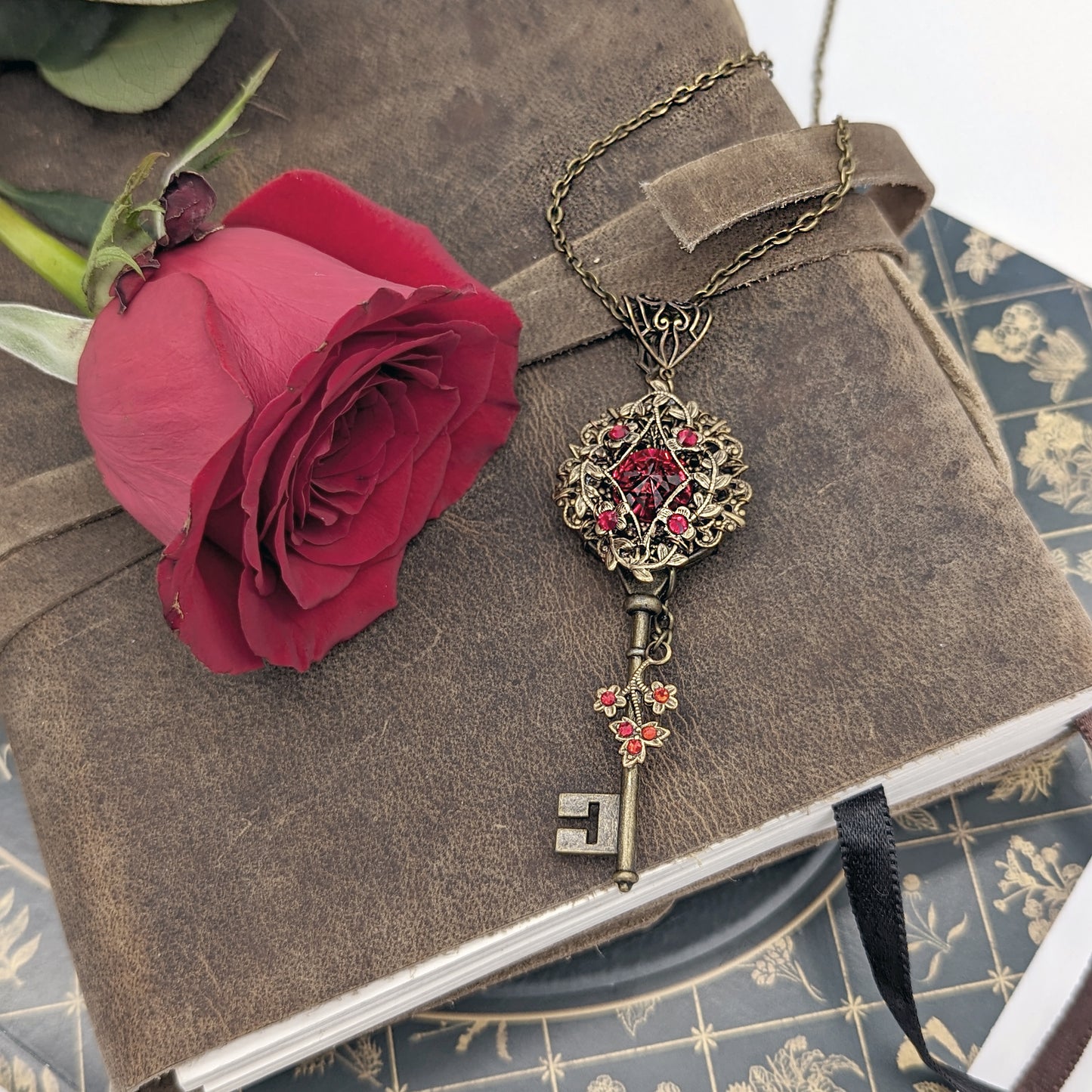 Red Swarovski Crystal Floral Key Necklace – Fantasy Romance Fairycore Jewelry