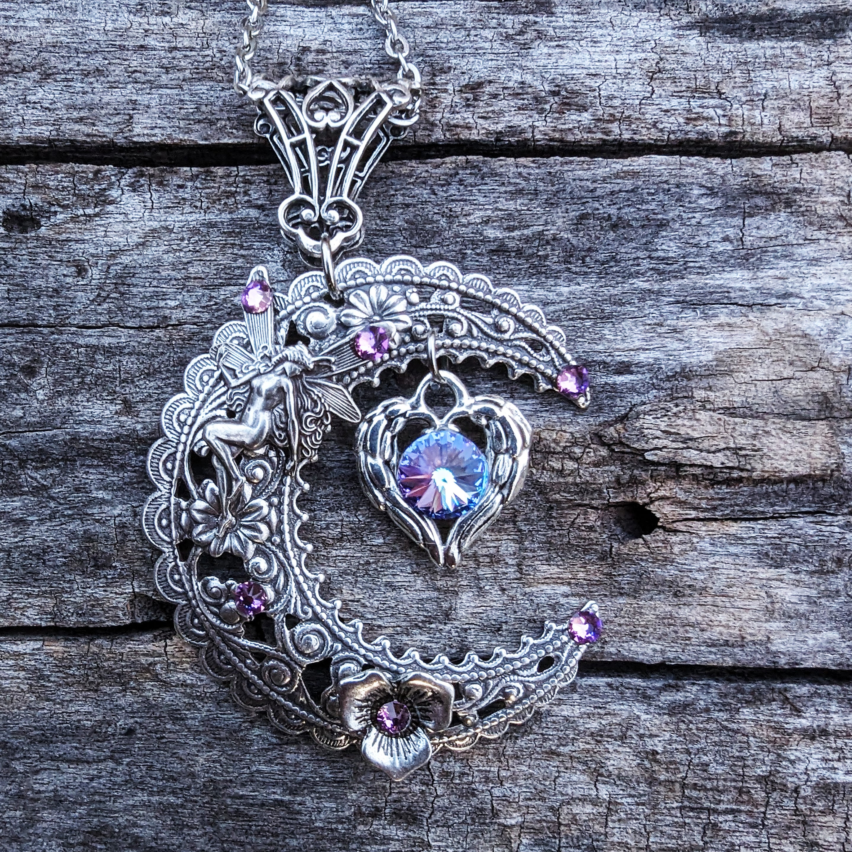 ネックレス PS: Mauve Dream Fairy Silver Pendant Crescent Moon Fairy Necklace – Sterling Silver Celestial Crystal