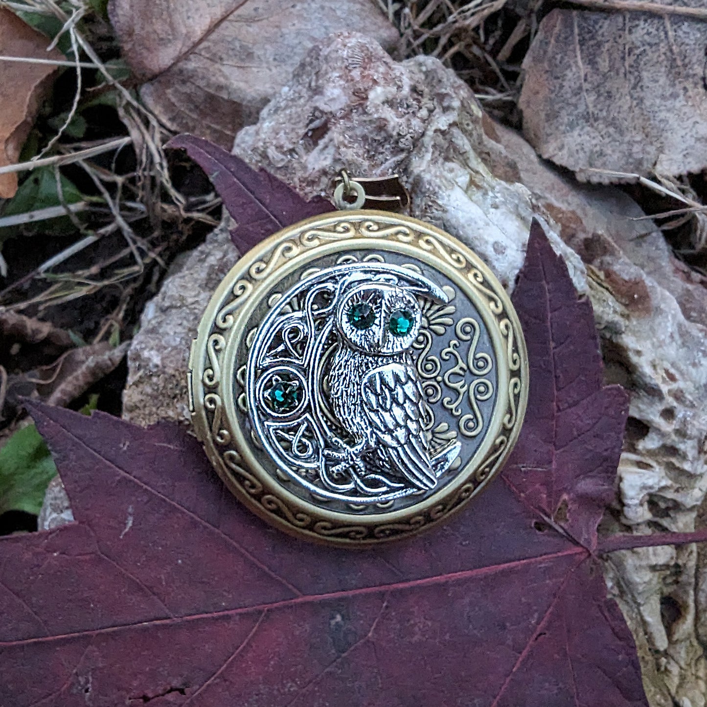 Owl on moon locket necklace with emerald Swarovski rhinestones.  Owl jewelry.