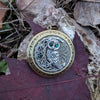 Owl on moon locket necklace with emerald Swarovski rhinestones.  Owl jewelry.