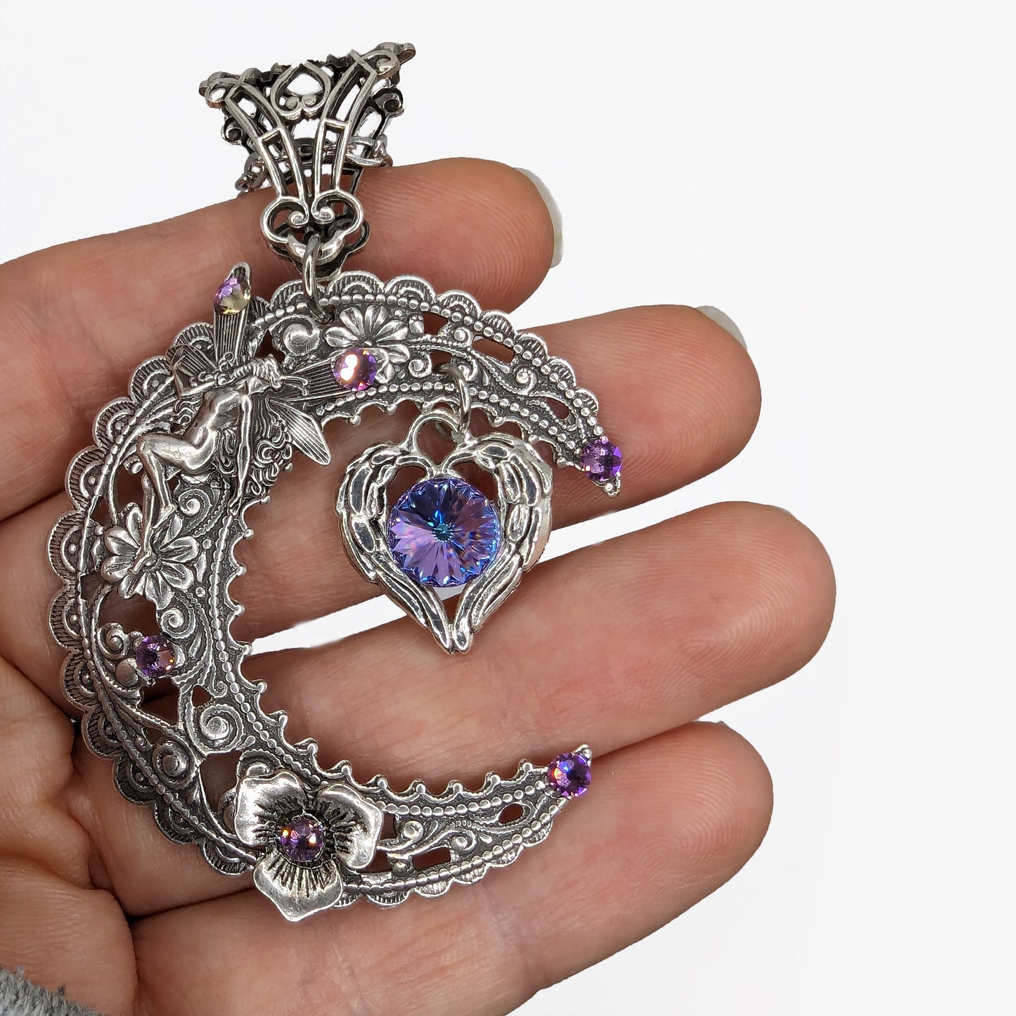 Magical  Sterling Silver Vintage Fairy on Crescent Moon necklace with  a heart and Swarovski crystals.  Fantasy jewelry lover gift.