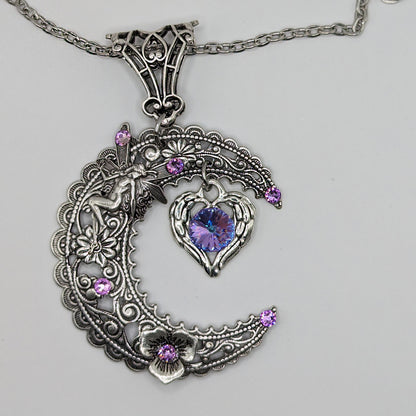 Magical  Sterling Silver Vintage Fairy on Crescent Moon necklace with  a heart and Swarovski crystals.  Fantasy jewelry lover gift.