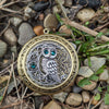 Owl on moon locket necklace with emerald Swarovski rhinestones.  Owl jewelry.