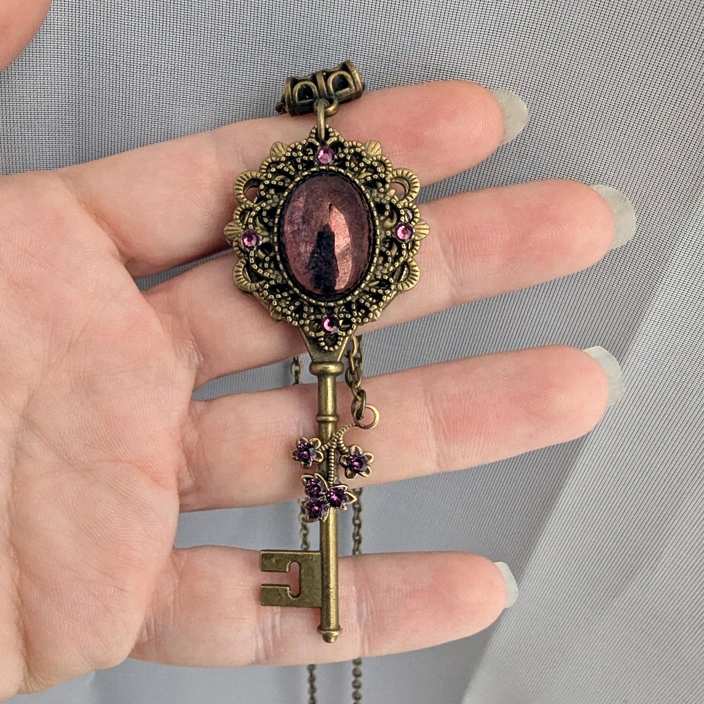 Vintage Purple Luster Amethyst Key Necklace accented with Swarovski rhinestones, Fantasy Jewelry.  Fairycore jewelry
