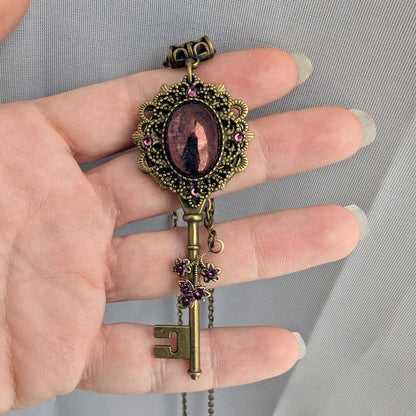 Vintage Purple Luster Amethyst Key Necklace accented with Swarovski rhinestones, Fantasy Jewelry.  Fairycore jewelry