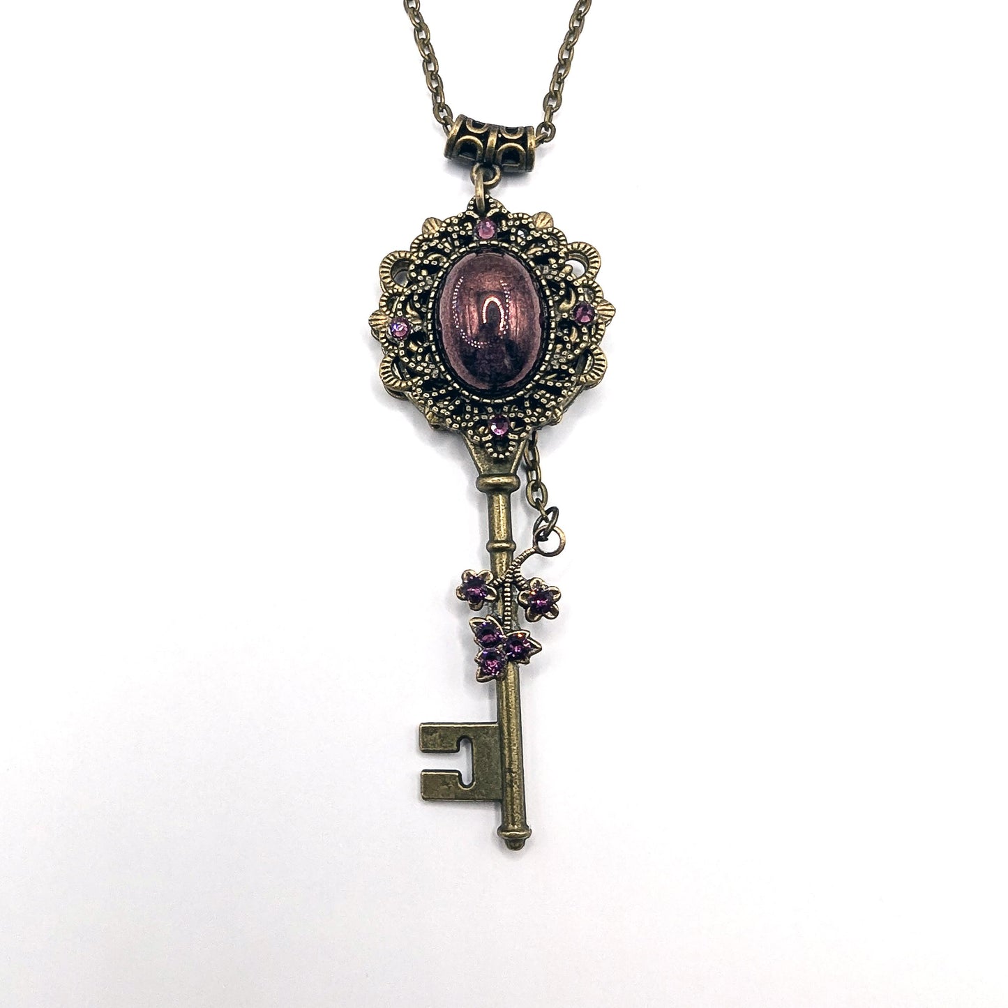 Vintage Purple Luster Amethyst Key Necklace accented with Swarovski rhinestones, Fantasy Jewelry