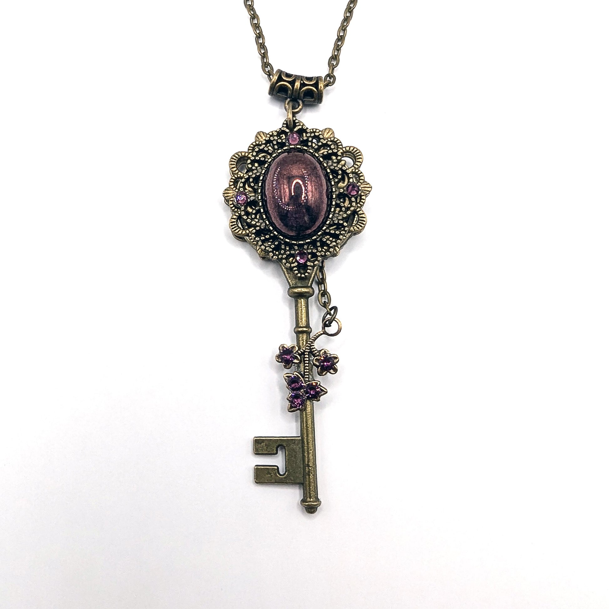 Vintage Purple Luster Amethyst Key Necklace accented with Swarovski rhinestones, Fantasy Jewelry