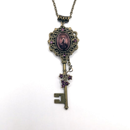 Vintage Purple Luster Amethyst Key Necklace accented with Swarovski rhinestones, Fantasy Jewelry