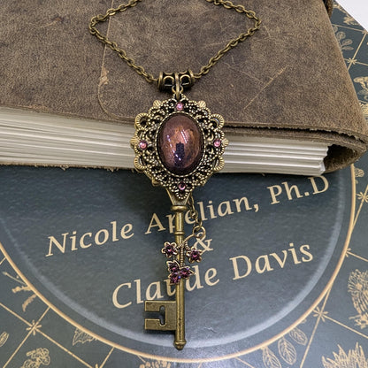 Vintage Purple Luster Amethyst Key Necklace accented with Swarovski rhinestones, Fantasy Jewelry