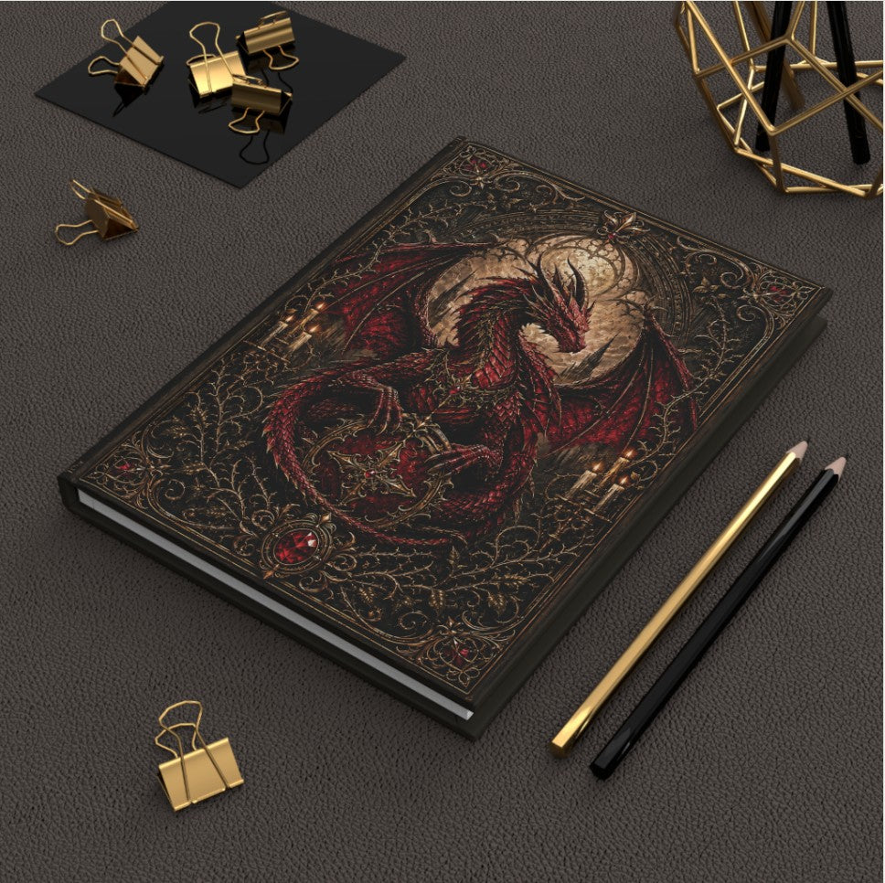 Decorative gothic fantasy writing journal with dragon design on a dark surface with office supplies.