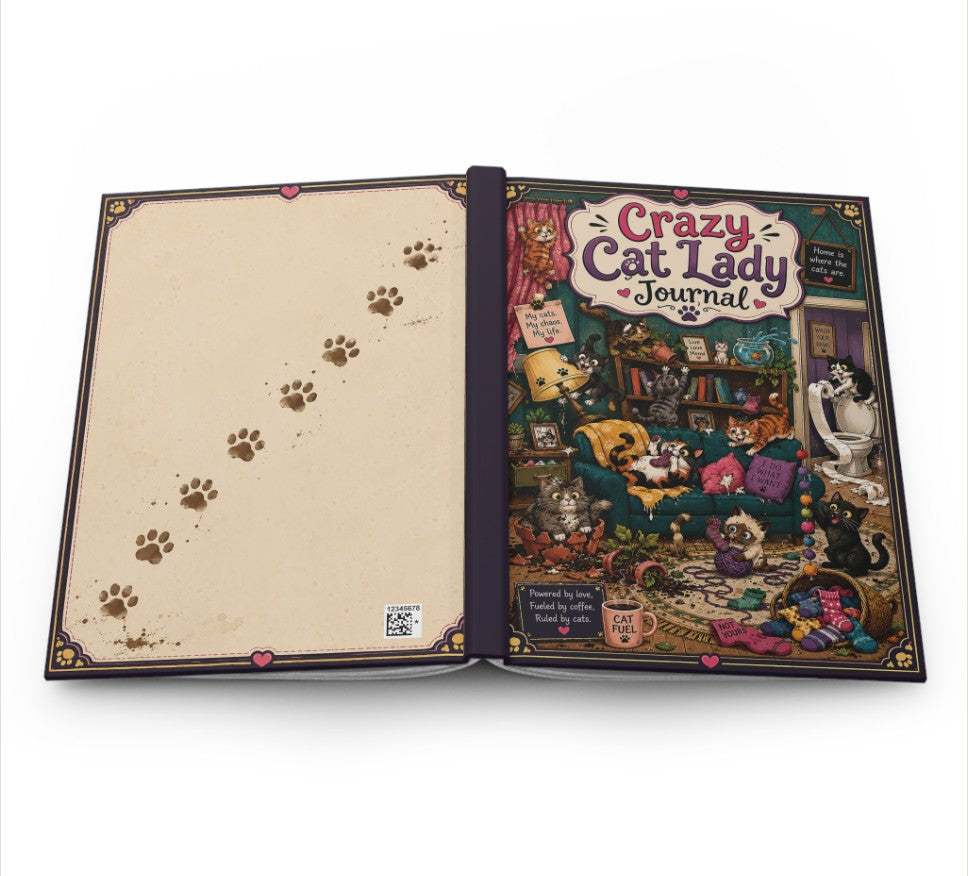 Open journal with 'Crazy Cat Lady' design on cover