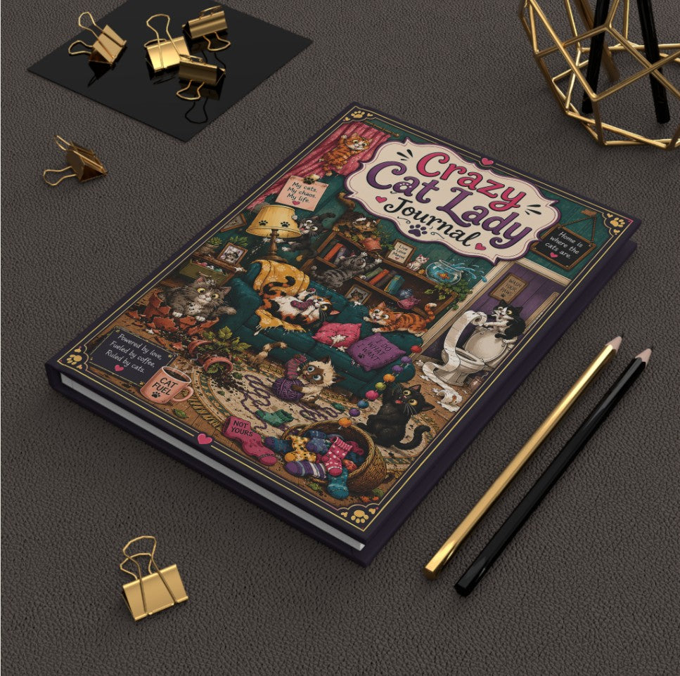 Journal titled 'Crazy Cat Lady' on a dark surface with stationery items.