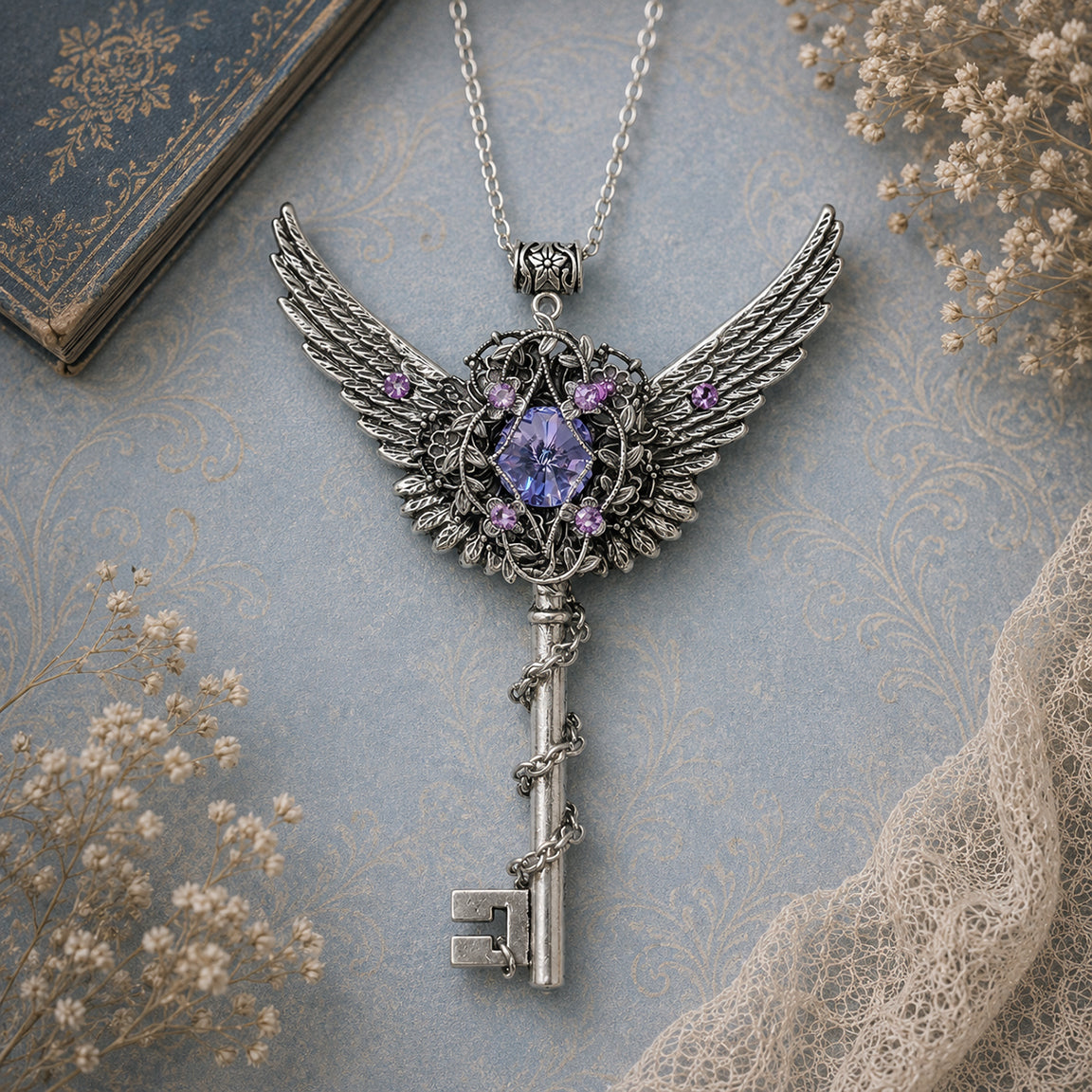 Decorative key necklace with wings and purple gemstone on a textured surface with flowers.  Silver Winged Key Necklace with Swarovski Crystal – Fantasy Fairycore Statement Jewelry