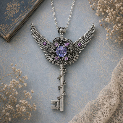 Decorative key necklace with wings and purple gemstone on a textured surface with flowers.  Silver Winged Key Necklace with Swarovski Crystal – Fantasy Fairycore Statement Jewelry