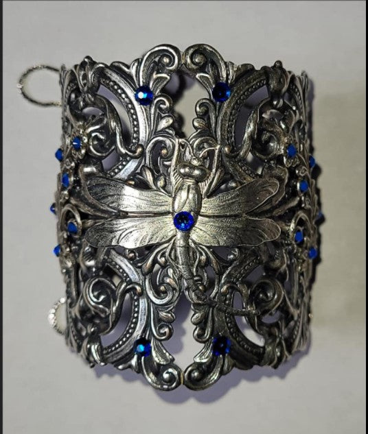 Sterling Silver Plated Dragonfly Cuff Bracelet with Sapphire Swarovski Crystals