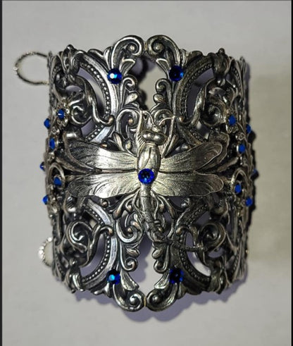 Sterling Silver Plated Dragonfly Cuff Bracelet with Sapphire Swarovski Crystals