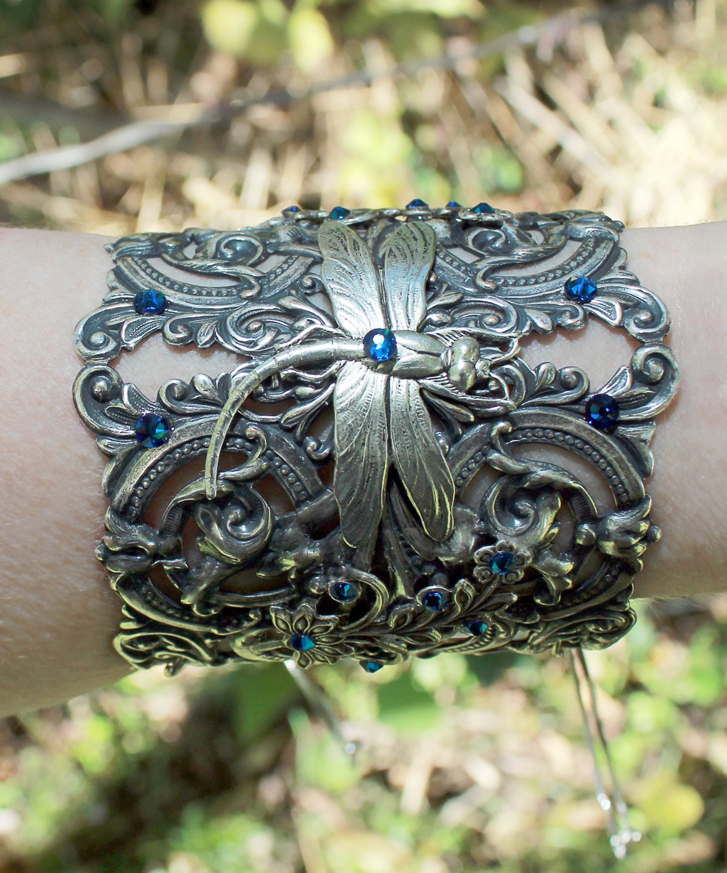 Sterling Silver Plated Dragonfly Cuff Bracelet with Sapphire Swarovski Crystals