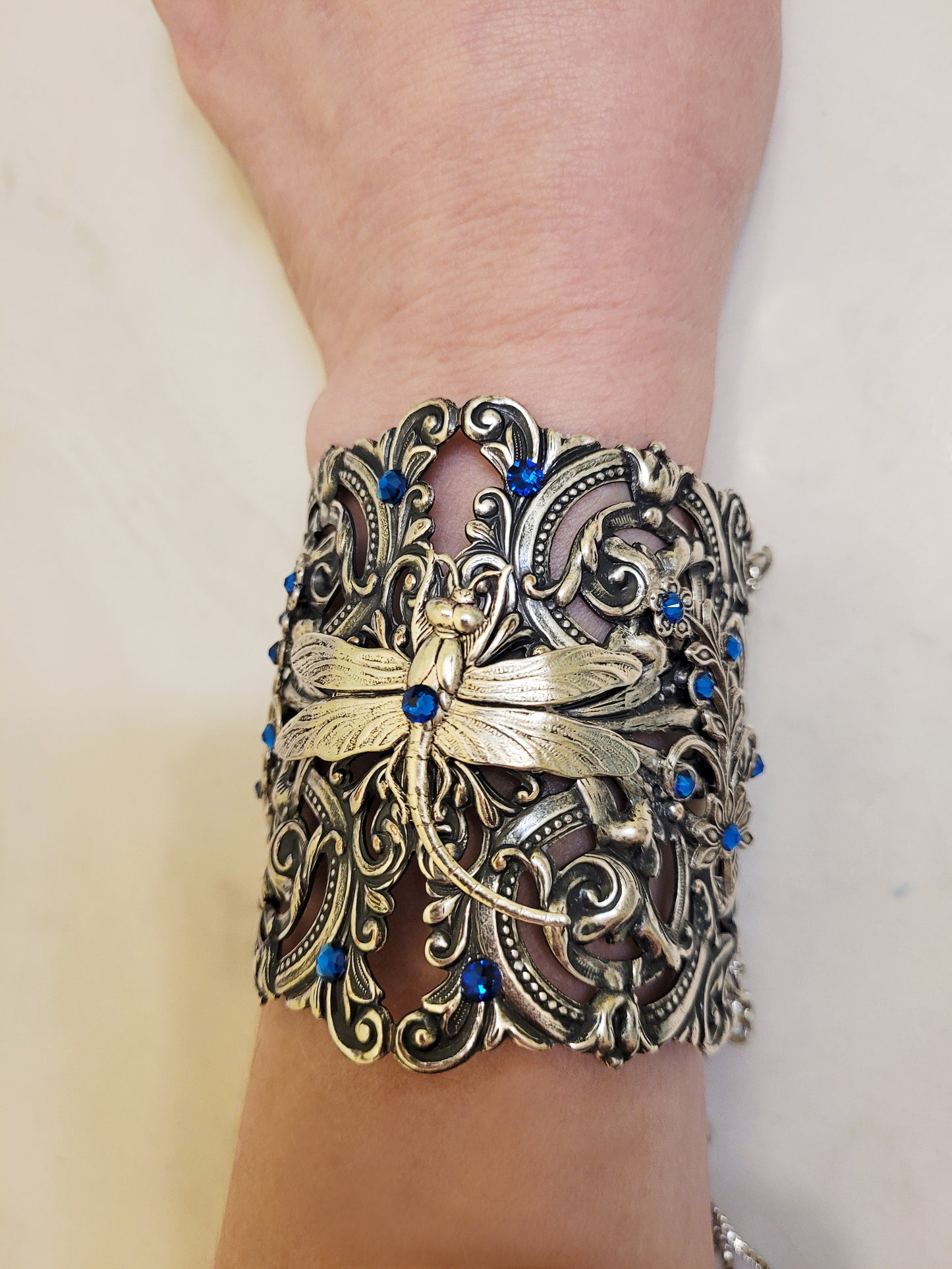 Sterling Silver Plated Dragonfly Cuff Bracelet with Sapphire Swarovski Crystals