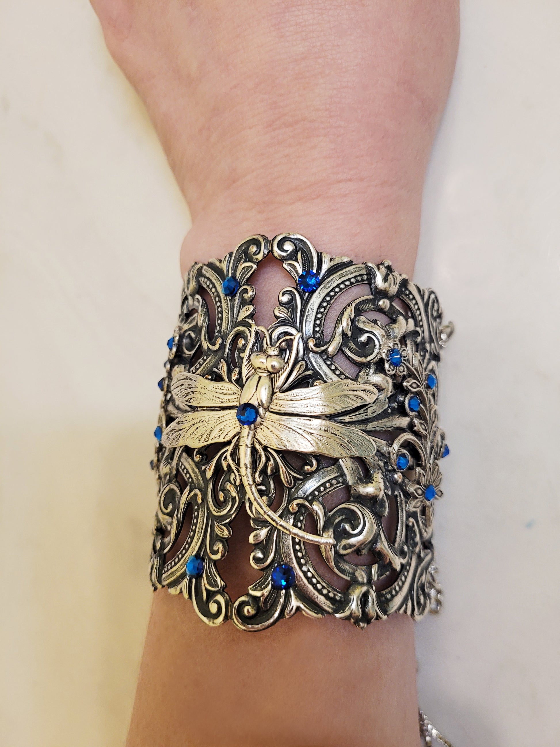 Sterling Silver Plated Dragonfly Cuff Bracelet with Sapphire Swarovski Crystals