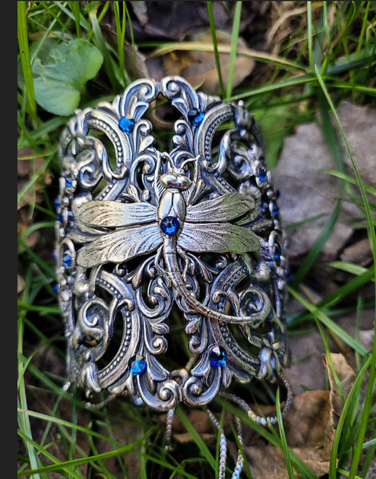 Sterling Silver Plated Dragonfly Cuff Bracelet with Sapphire Swarovski Crystals