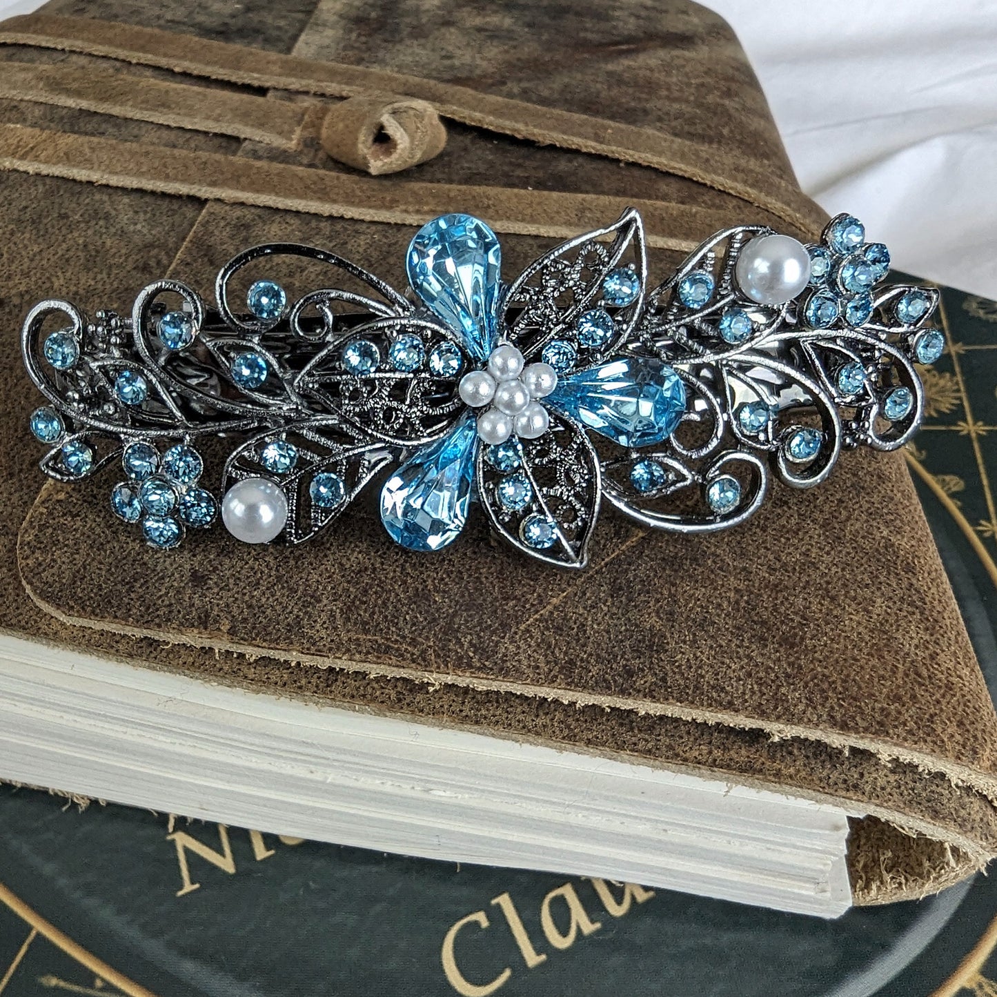 Swarovski Aquamarine Floral Crystal Hair Clips, Fancy Hair Barrettes, Bridal Hair Accessories, Hair Barrettes for Thick Hair, Vintage Jewelry, Elven Jewelry, Wedding Jewelry