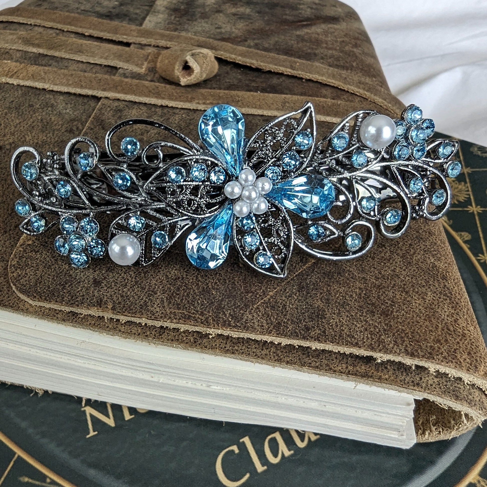 Swarovski Aquamarine Floral Crystal Hair Clips, Fancy Hair Barrettes, Bridal Hair Accessories, Hair Barrettes for Thick Hair, Vintage Jewelry, Elven Jewelry, Wedding Jewelry