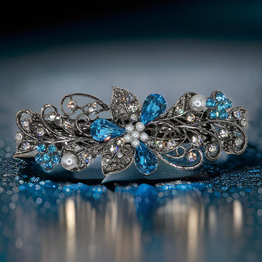 Swarovski Aquamarine Floral Crystal Hair Clips, Fancy Hair Barrettes, Bridal Hair Accessories, Hair Barrettes for Thick Hair, Vintage Jewelry, Elven Jewelry, Wedding Jewelry