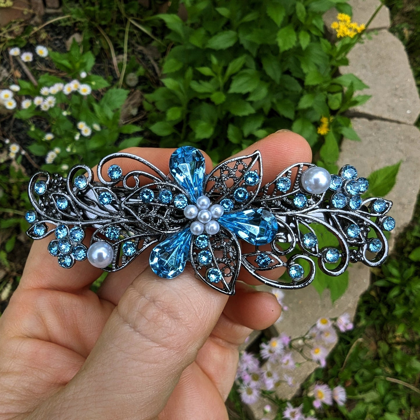 Swarovski Aquamarine Floral Crystal Hair Clips, Fancy Hair Barrettes, Bridal Hair Accessories, Hair Barrettes for Thick Hair, Vintage Jewelry, Elven Jewelry, Wedding Jewelry