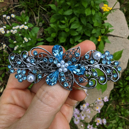 Swarovski Aquamarine Floral Crystal Hair Clips, Fancy Hair Barrettes, Bridal Hair Accessories, Hair Barrettes for Thick Hair, Vintage Jewelry, Elven Jewelry, Wedding Jewelry