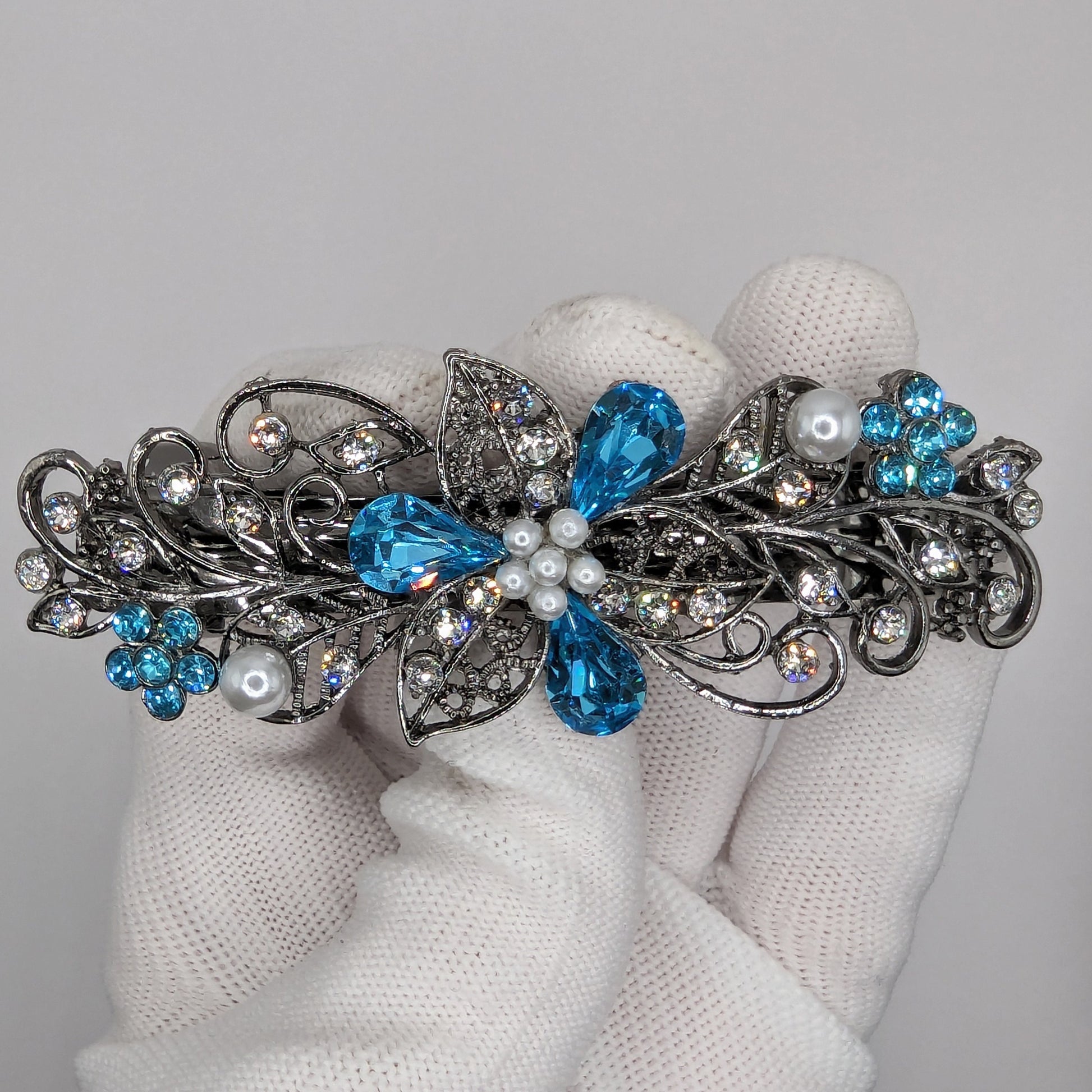 Swarovski Aquamarine Floral Crystal Hair Clips, Fancy Hair Barrettes, Bridal Hair Accessories, Hair Barrettes for Thick Hair, Vintage Jewelry, Elven Jewelry, Wedding Jewelry
