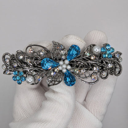 Swarovski Aquamarine Floral Crystal Hair Clips, Fancy Hair Barrettes, Bridal Hair Accessories, Hair Barrettes for Thick Hair, Vintage Jewelry, Elven Jewelry, Wedding Jewelry
