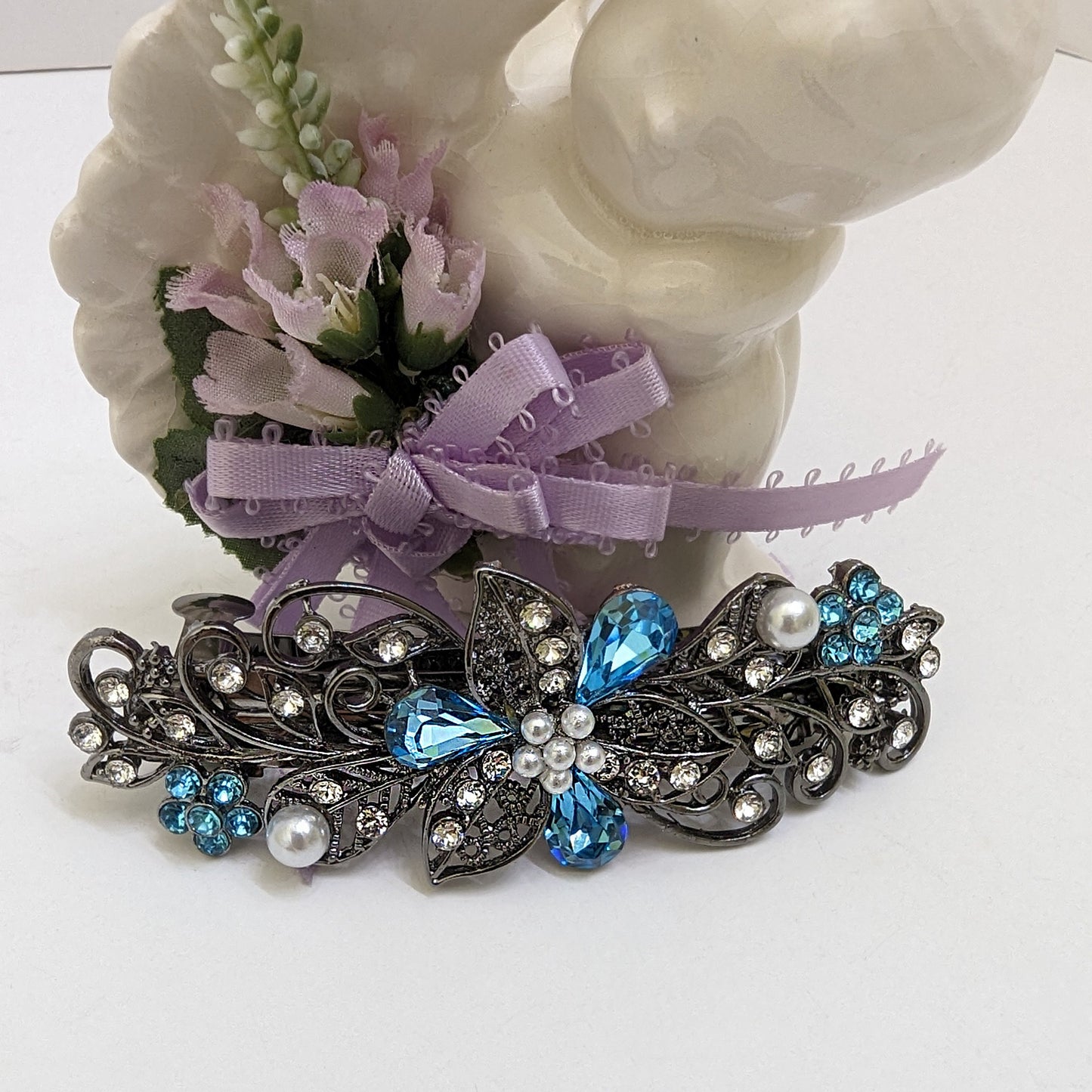 Swarovski Aquamarine Floral Crystal Hair Clips, Fancy Hair Barrettes, Bridal Hair Accessories, Hair Barrettes for Thick Hair, Vintage Jewelry, Elven Jewelry, Wedding Jewelry