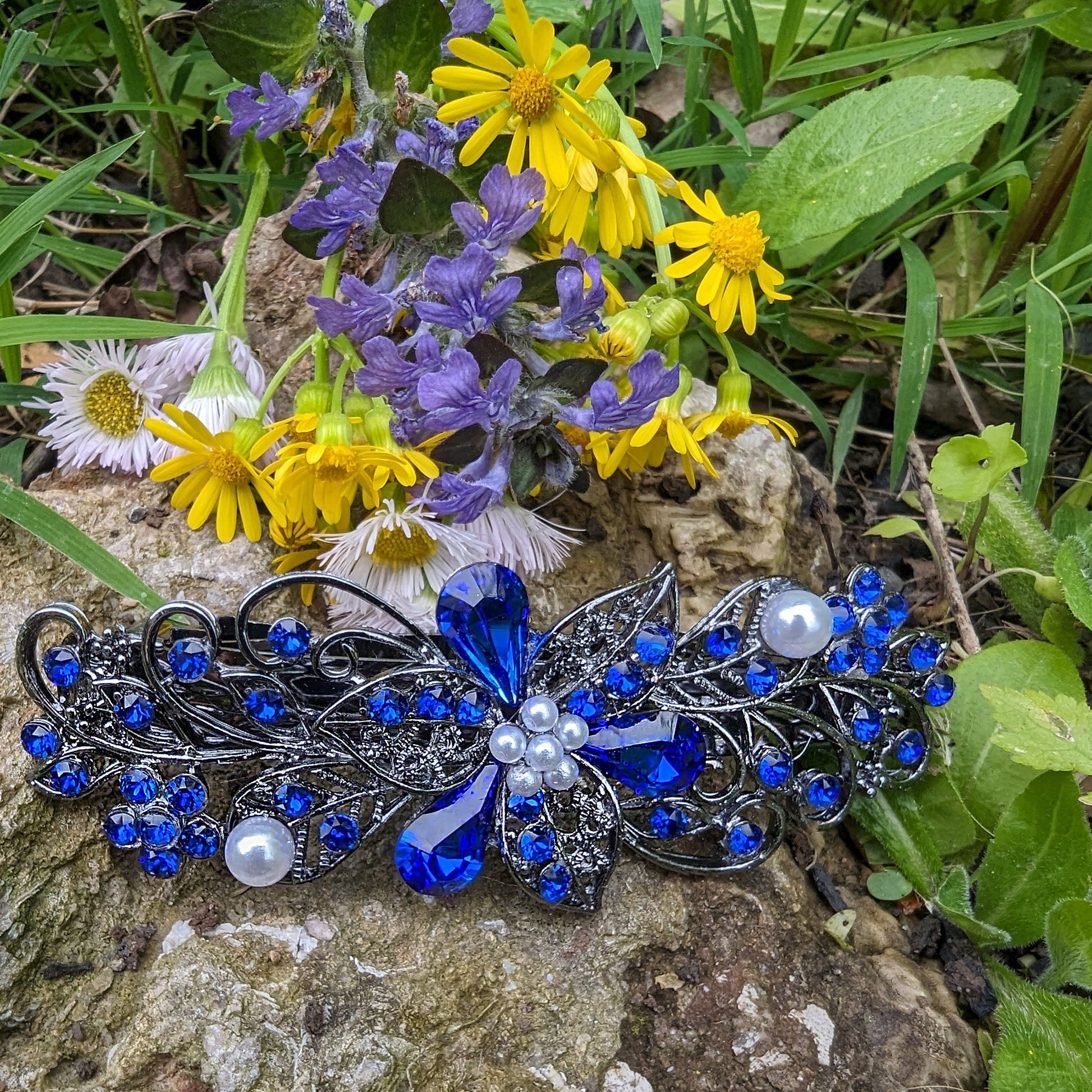 Swarovski Cobalt Blue Floral Crystal Hair Clips, Fancy Hair Barrettes, Bridal Hair Accessories, Hair Barrettes for Thick Hair, Vintage Jewelry, Wedding Jewelry, Elven Jewelry