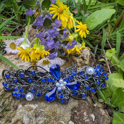 Swarovski Cobalt Blue Floral Crystal Hair Clips, Fancy Hair Barrettes, Bridal Hair Accessories, Hair Barrettes for Thick Hair, Vintage Jewelry, Wedding Jewelry, Elven Jewelry