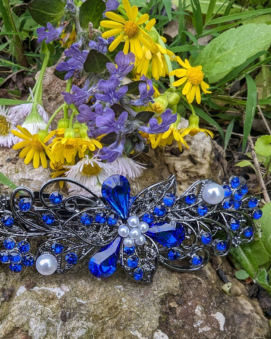 High Quality Swarovski Cobalt Blue Floral Crystal Hair Clips 