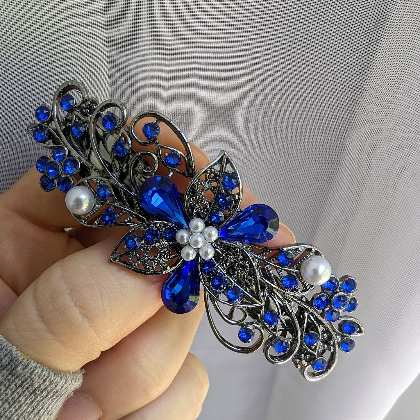 Swarovski Cobalt Blue Floral Crystal Hair Clips, Fancy Hair Barrettes, Bridal Hair Accessories, Hair Barrettes for Thick Hair, Vintage Jewelry, Wedding Jewelry, Elven Jewelry