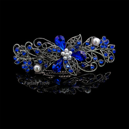 High Quality Swarovski Cobalt Blue Floral Crystal Hair Clips, Fancy Hair Barrettes, Bridal Hair Accessories, Hair Barrettes for Thick Hair