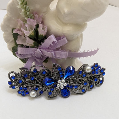 Swarovski Cobalt Blue Floral Crystal Hair Clips, Fancy Hair Barrettes, Bridal Hair Accessories, Hair Barrettes for Thick Hair, Vintage Jewelry, Wedding Jewelry, Elven Jewelry