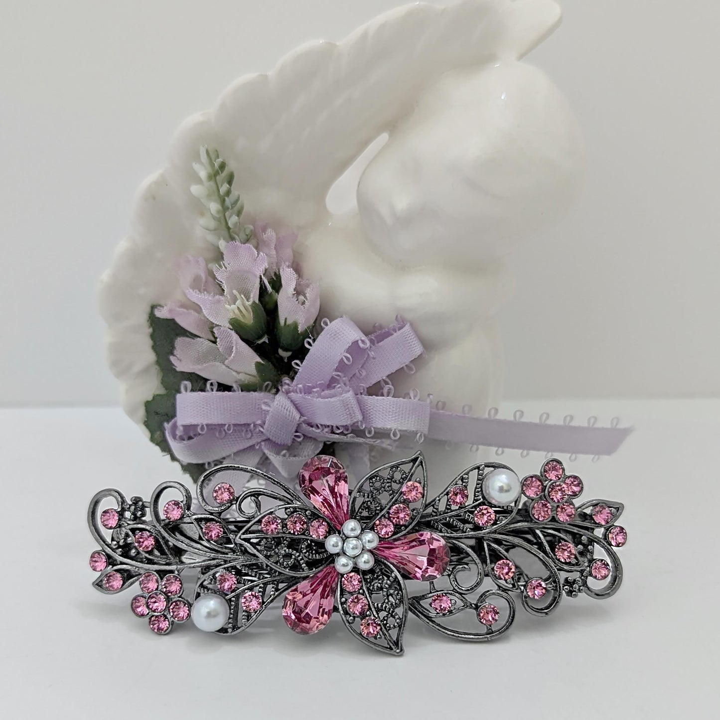 Pink Rose Floral Crystal Bridal Hair Barrette made with Swarovski crystals. Hair barrettes for thick hair. Bridal Accessories.