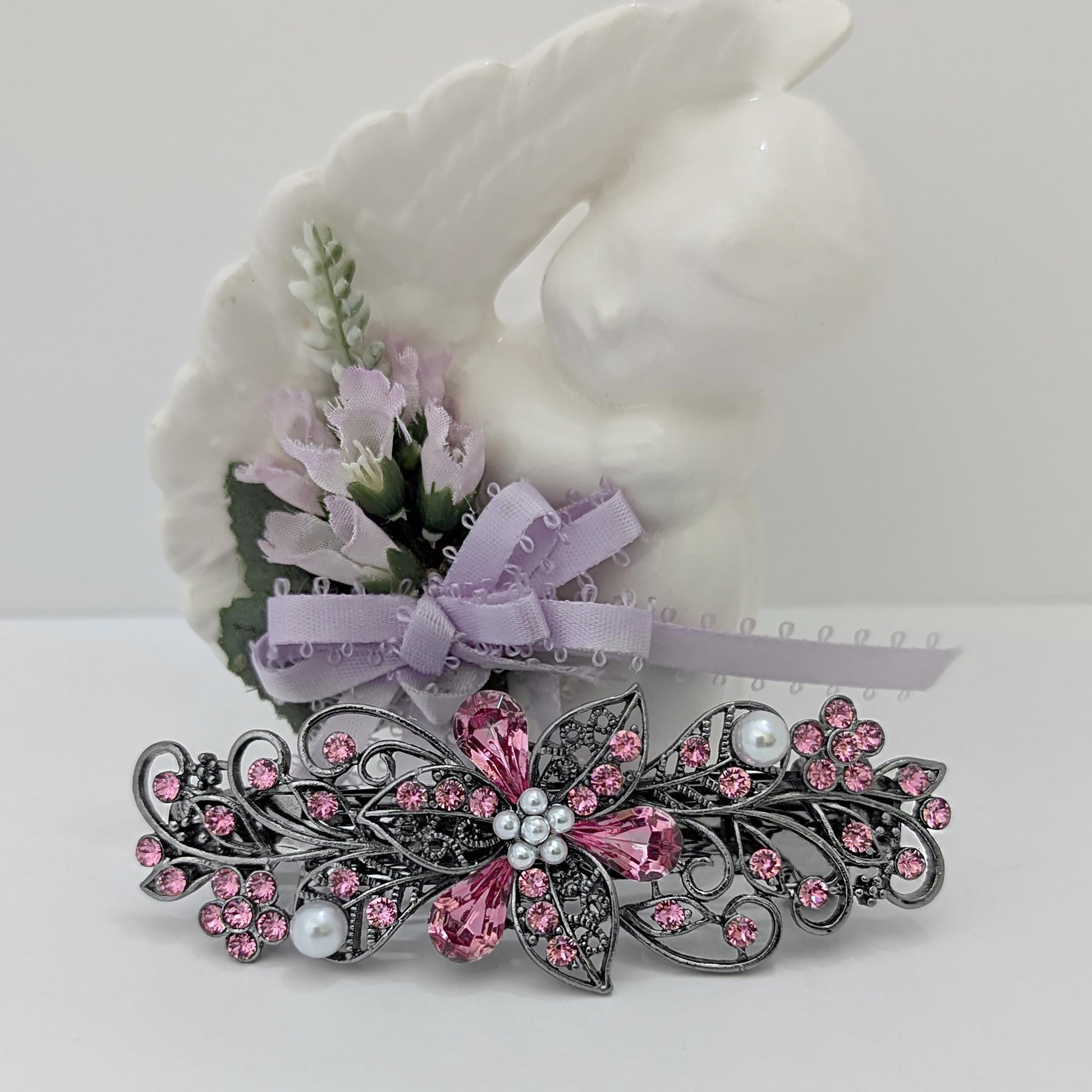 Pink Rose Floral Crystal Bridal Hair Barrette made with Swarovski crystals. Hair barrettes for thick hair. Bridal Accessories.