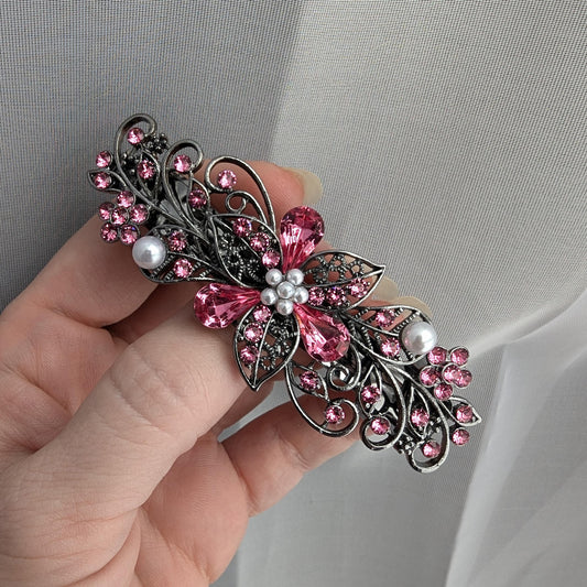 Pink Rose Floral Crystal Bridal Hair Barrette made with Swarovski crystals.