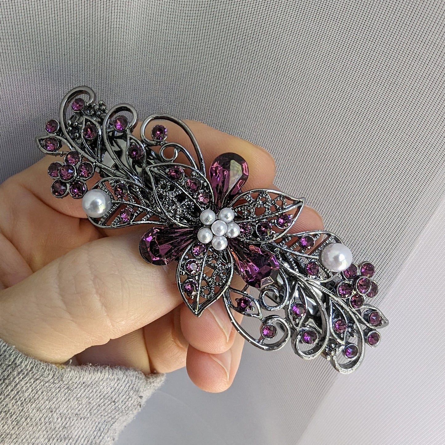 Swarovski Purple Amethyst Floral Crystal Hair Clips, Fancy Hair Barrettes, Bridal Hair Accessories, Hair Barrettes for Thick Hair, Elven Jewelry, Vintage Jewelry