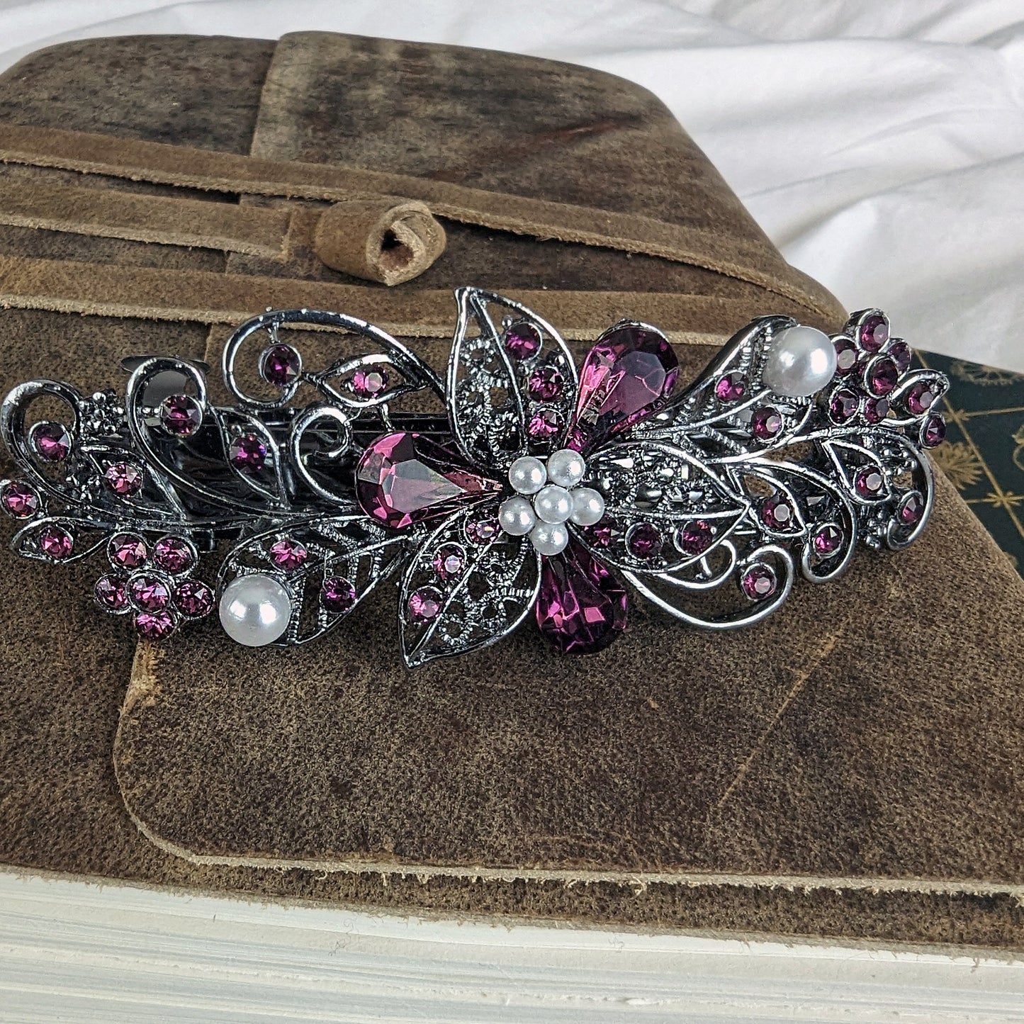 Swarovski Purple Amethyst Floral Crystal Hair Clips, Fancy Hair Barrettes, Bridal Hair Accessories, Hair Barrettes for Thick Hair, Elven Jewelry, Vintage Jewelry